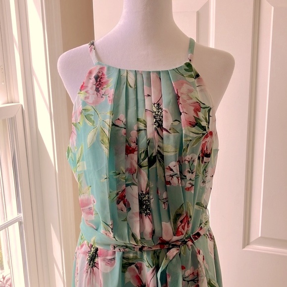Vince Camuto Floral Chiffon Halter Dress High-Low Green Size 14 - Picture 4 of 16